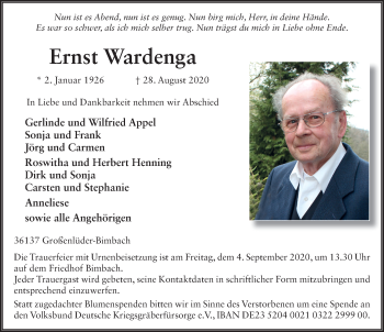 Traueranzeige von Ernst Wardenga von FZ