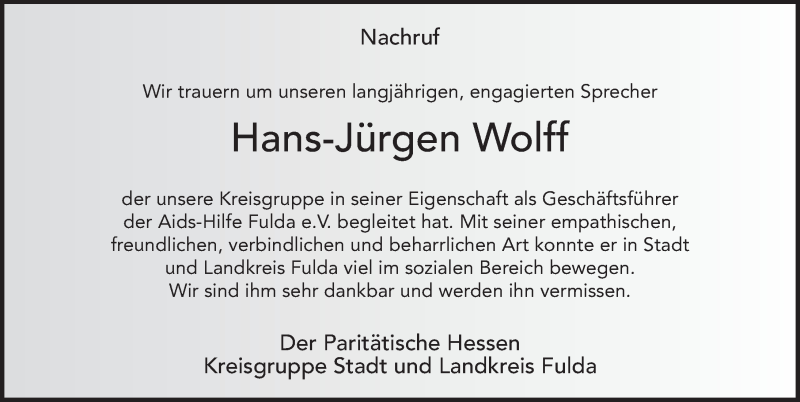  Traueranzeige für Hans-Jürgen Wolff vom 30.09.2020 aus FZ