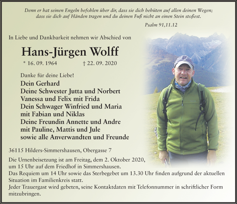  Traueranzeige für Hans-Jürgen Wolff vom 29.09.2020 aus FZ