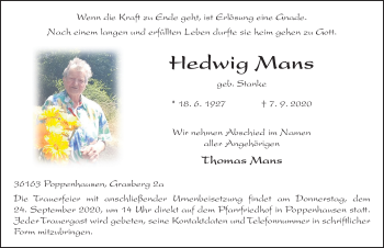 Traueranzeige von Hedwig Mans von FZ