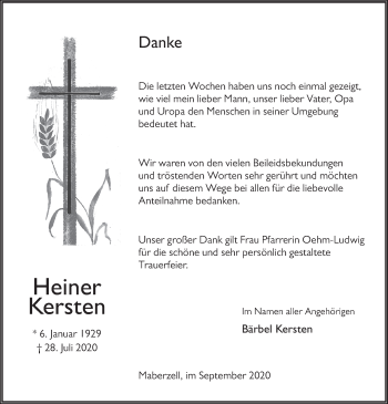 Traueranzeige von Heiner Kersten von FZ