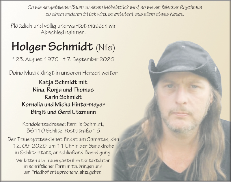  Traueranzeige für Holger Schmidt vom 11.09.2020 aus FZ
