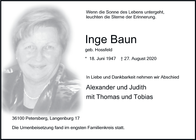  Traueranzeige für Inge Baun vom 09.09.2020 aus FZ