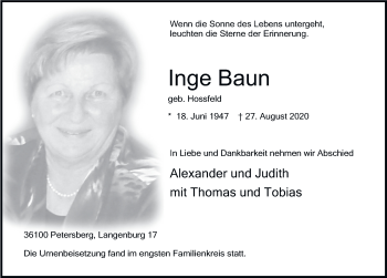 Traueranzeige von Inge Baun von FZ