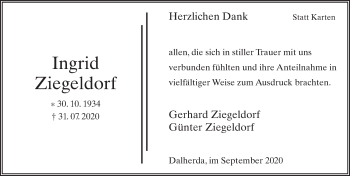 Traueranzeige von Ingrid Ziegeldorf von FZ