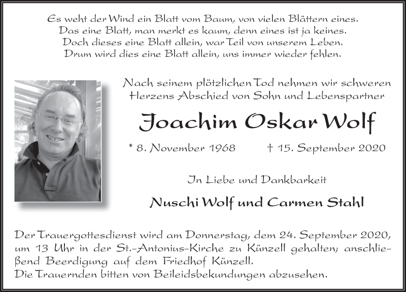  Traueranzeige für Joachim Oskar Wolf vom 22.09.2020 aus FZ