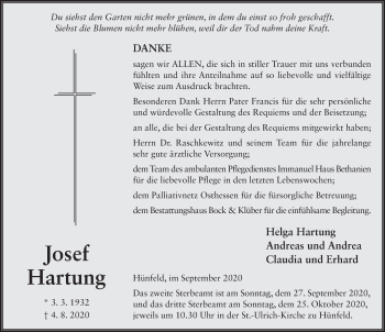 Traueranzeige von Josef Hartung von FZ