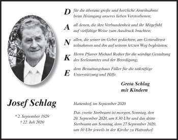 Traueranzeige von Josef Schlag von FZ