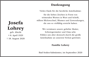 Traueranzeige von Josefa Lohrey von FZ