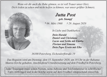 Traueranzeige von Jutta Post von FZ