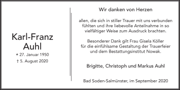 Traueranzeige von Karl-Franz Auhl von FZ