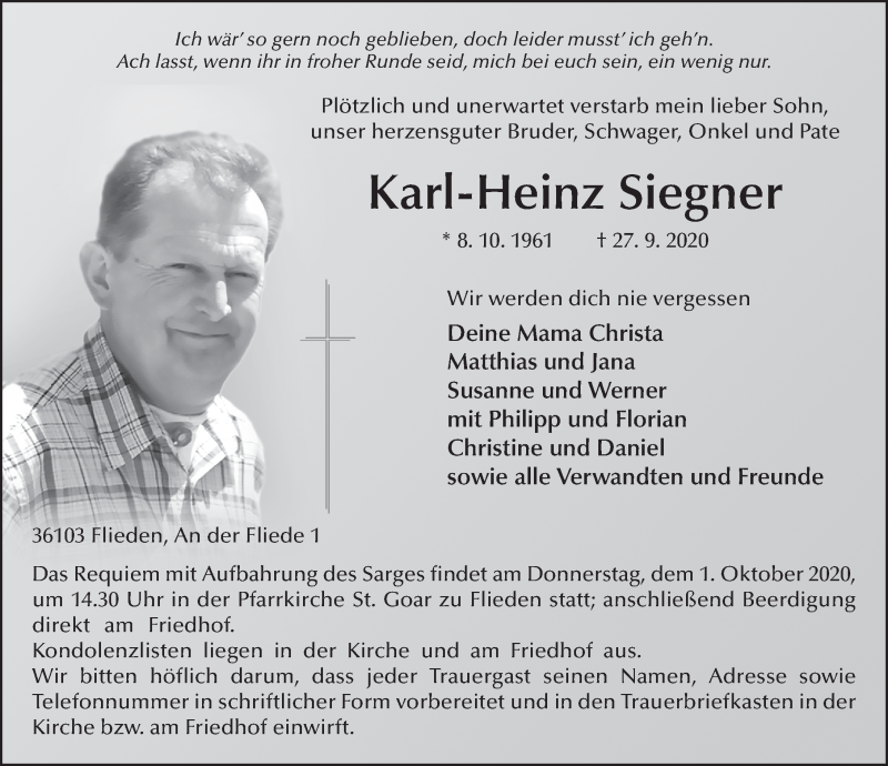  Traueranzeige für Karl-Heinz Siegner vom 29.09.2020 aus FZ