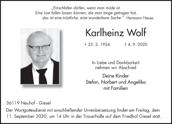 Traueranzeige von Karlheinz Wolf von FZ