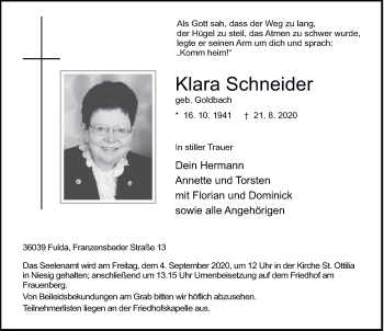 Traueranzeige von Klara Schneider von FZ