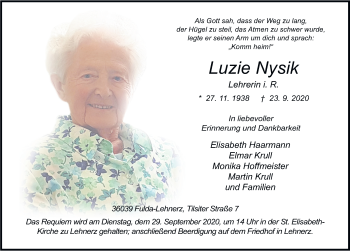 Traueranzeige von Luzie Nysik von FZ