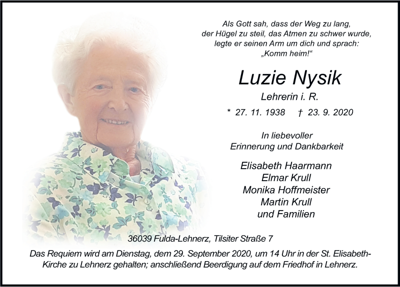  Traueranzeige für Luzie Nysik vom 26.09.2020 aus FZ