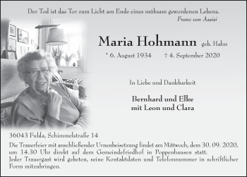 Traueranzeige von Maria Hohmann von FZ