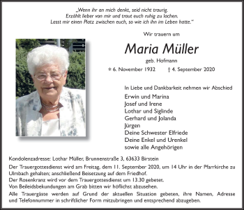 Traueranzeige von Maria Müller von FZ
