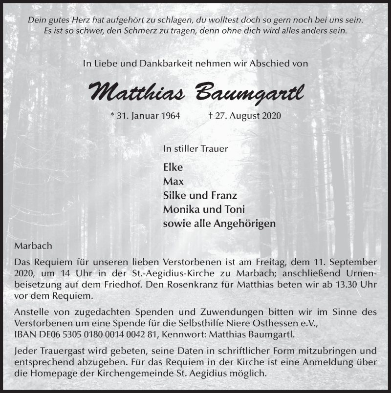  Traueranzeige für Matthias Baumgartl vom 05.09.2020 aus FZ