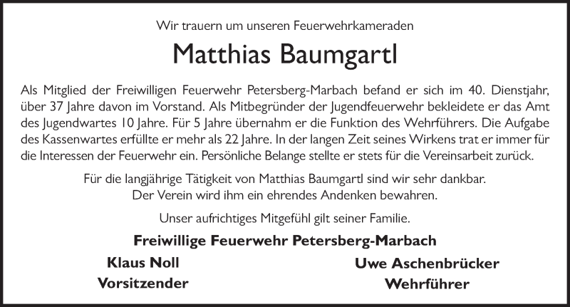  Traueranzeige für Matthias Baumgartl vom 05.09.2020 aus FZ