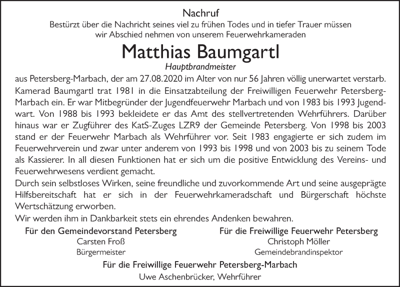  Traueranzeige für Matthias Baumgartl vom 05.09.2020 aus FZ