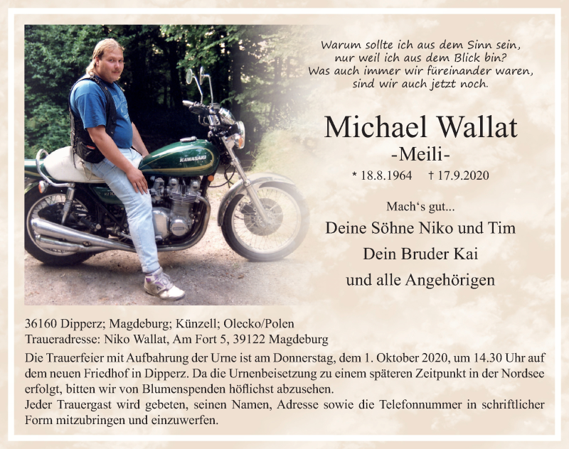  Traueranzeige für Michael Wallat vom 26.09.2020 aus FZ