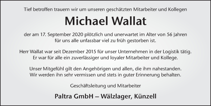  Traueranzeige für Michael Wallat vom 26.09.2020 aus FZ