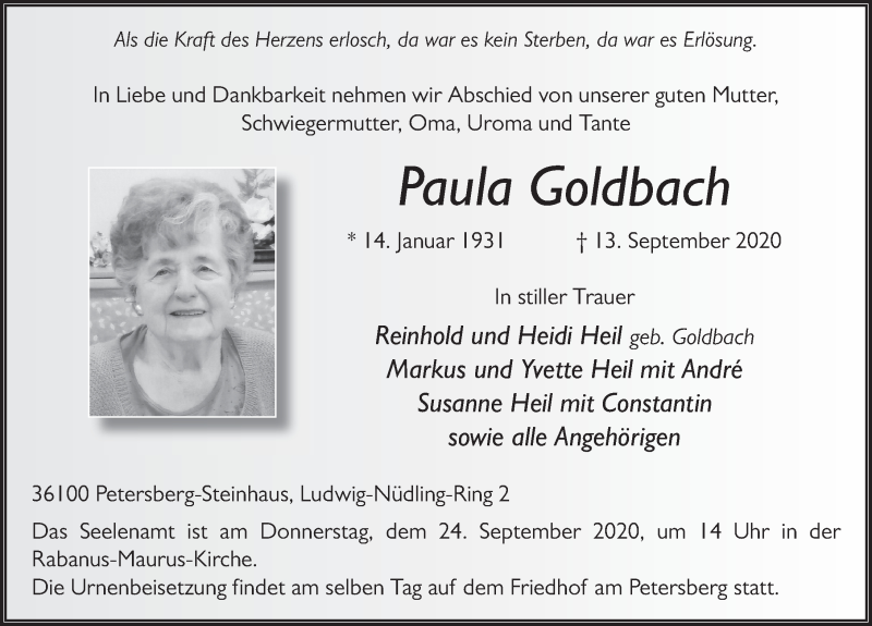  Traueranzeige für Paula Goldbach vom 19.09.2020 aus FZ
