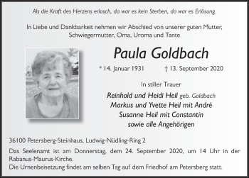 Traueranzeige von Paula Goldbach von FZ