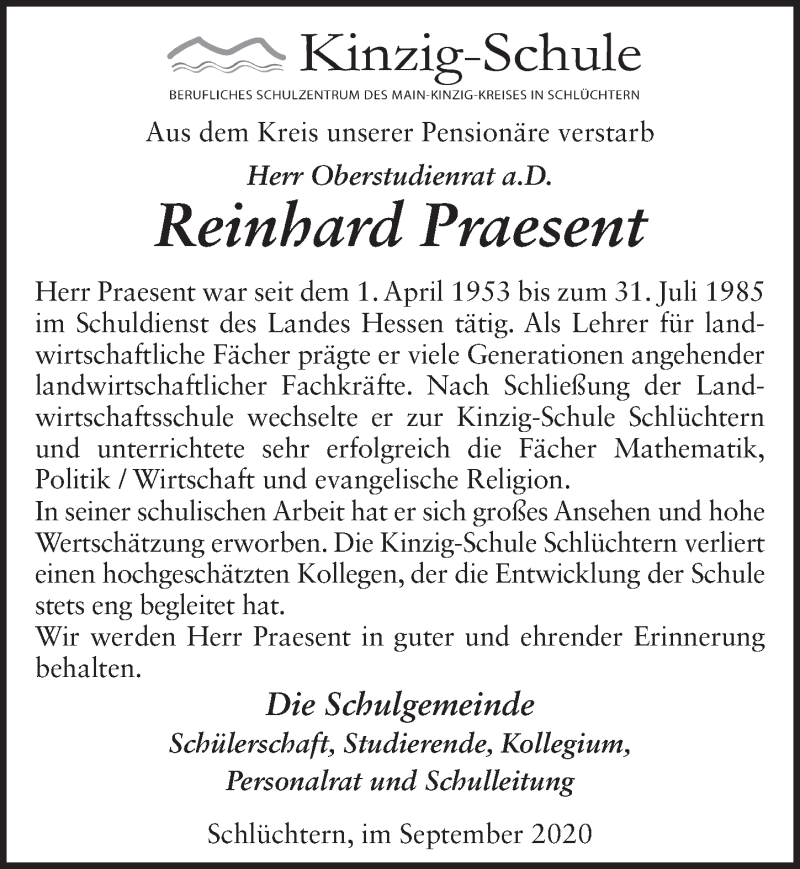  Traueranzeige für Reinhard Praesent vom 02.09.2020 aus FZ