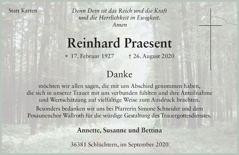 Traueranzeige für Reinhard Praesent vom 19.09.2020 aus FZ