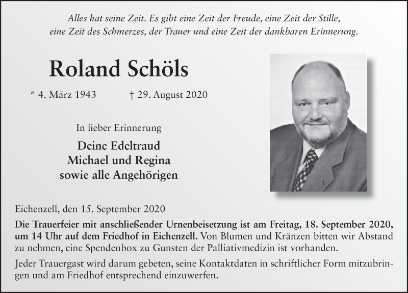  Traueranzeige für Roland Schöls vom 15.09.2020 aus FZ