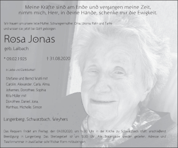 Traueranzeige von Rosa Jonas von FZ