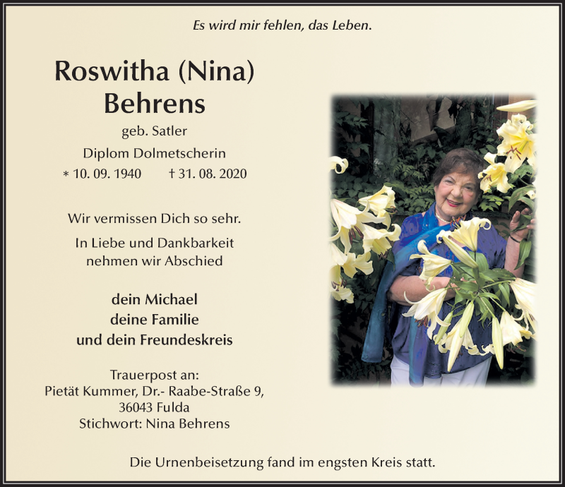  Traueranzeige für Roswitha Behrens vom 19.09.2020 aus FZ