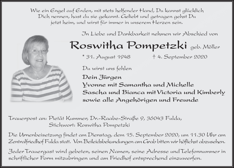  Traueranzeige für Roswitha Pompetzki vom 12.09.2020 aus FZ