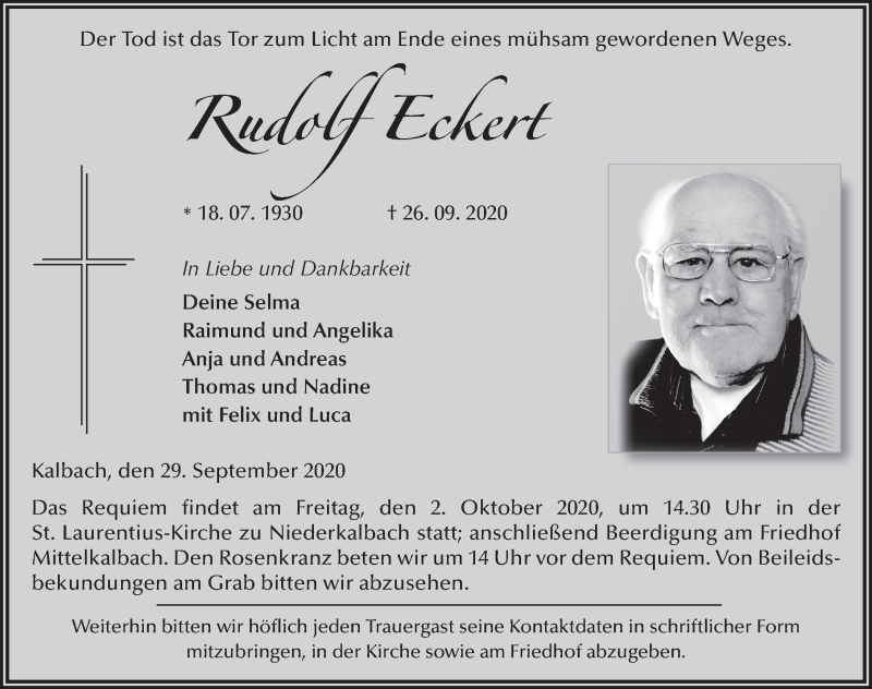  Traueranzeige für Rudolf Eckert vom 29.09.2020 aus FZ