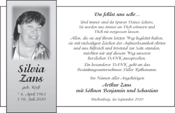 Traueranzeige von Silvia Zans von FZ