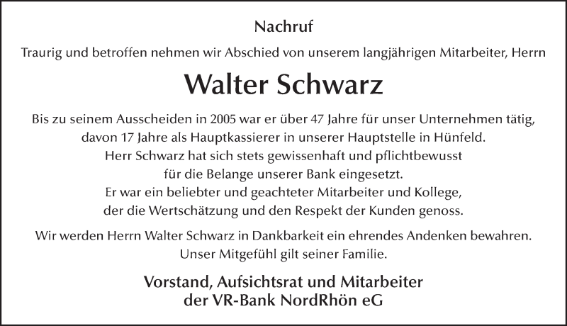 Traueranzeige für Walter Schwarz vom 09.09.2020 aus FZ