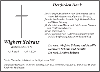 Traueranzeige von Wigbert Schratz von FZ