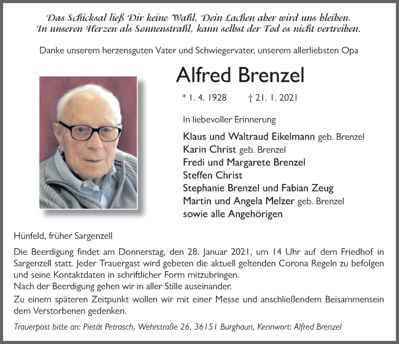  Traueranzeige für Alfred Brenzel vom 25.01.2021 aus FZ