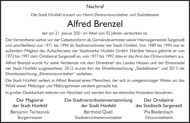  Traueranzeige für Alfred Brenzel vom 26.01.2021 aus FZ