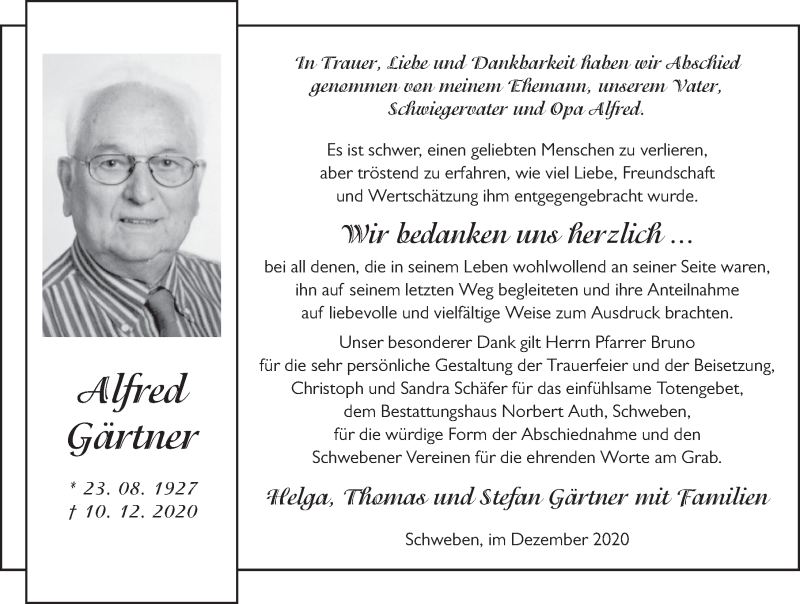 Traueranzeige für Alfred Gärtner vom 16.01.2021 aus FZ