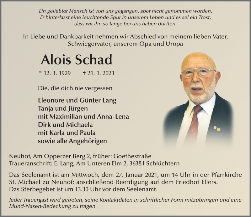  Traueranzeige für Alois Schad vom 25.01.2021 aus FZ