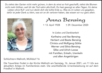 Traueranzeige von Anna Bensing von FZ