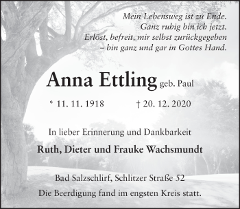 Traueranzeige von Anna Ettling von FZ