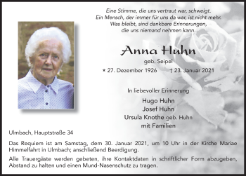Traueranzeige von Anna Huhn von FZ