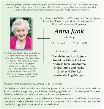 Traueranzeige von Anna Junk von FZ