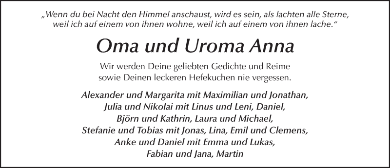  Traueranzeige für Anna Junk vom 16.01.2021 aus FZ