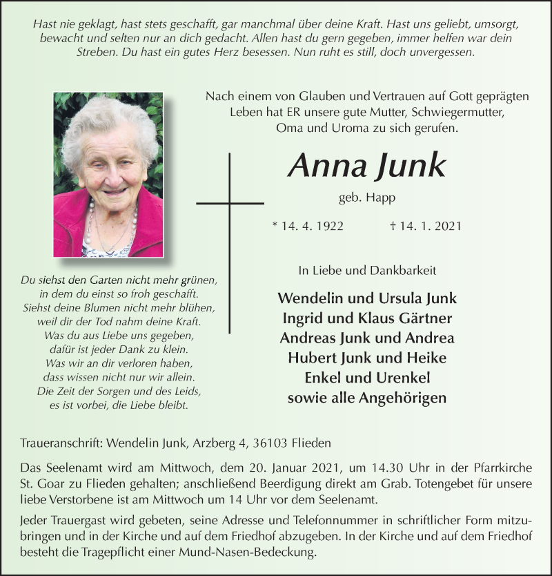  Traueranzeige für Anna Junk vom 16.01.2021 aus FZ