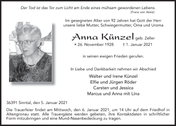 Traueranzeige von Anna Künzel von FZ